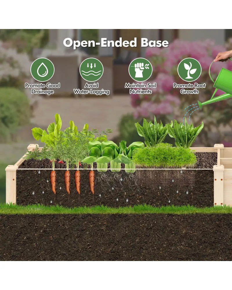 Wooden Raised Open-Ended Base Garden Bed with 2 Planter Boxes Divider-Natural - Natural - Raised Garden Beds