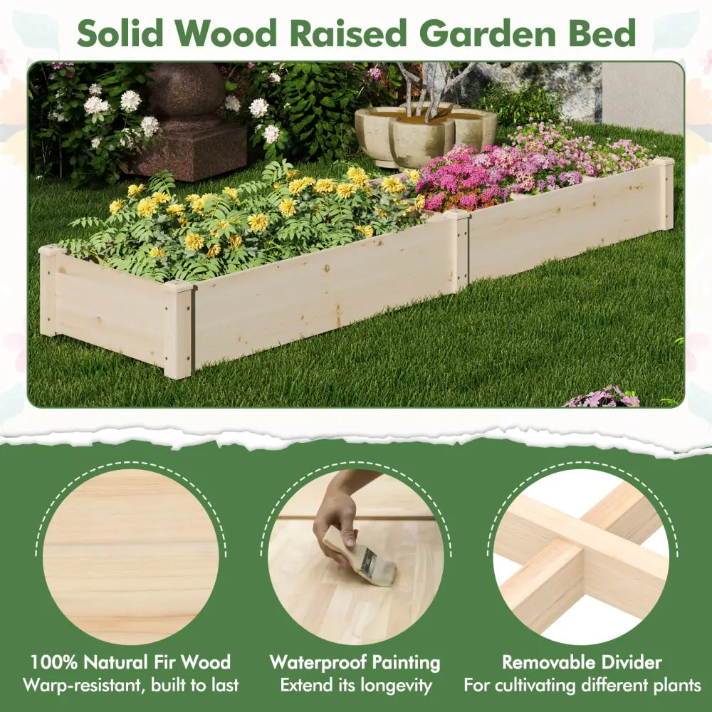 Wooden Raised Open-Ended Base Garden Bed with 2 Planter Boxes Divider-Natural - Natural - Raised Garden Beds