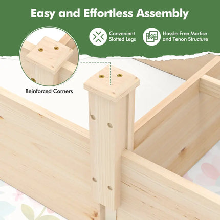 Wooden Raised Open-Ended Base Garden Bed with 2 Planter Boxes Divider-Natural - Natural - Raised Garden Beds
