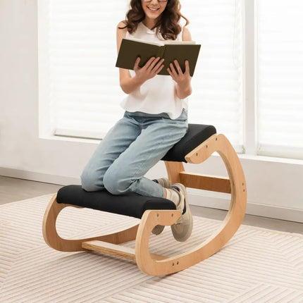 Wooden Rocking Chair with Comfortable Padded Seat Cushion and Knee Support-Black - Black - Kneeling Chairs