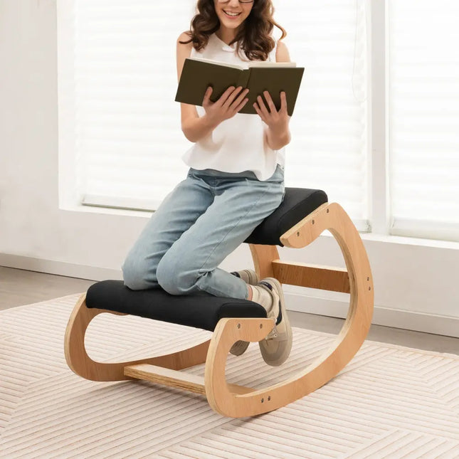Wooden Rocking Chair with Comfortable Padded Seat Cushion and Knee Support-Black - Black - Kneeling Chairs