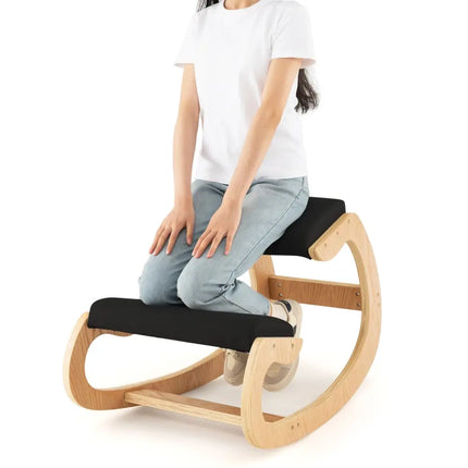 Wooden Rocking Chair with Comfortable Padded Seat Cushion and Knee Support-Black - Black - Kneeling Chairs