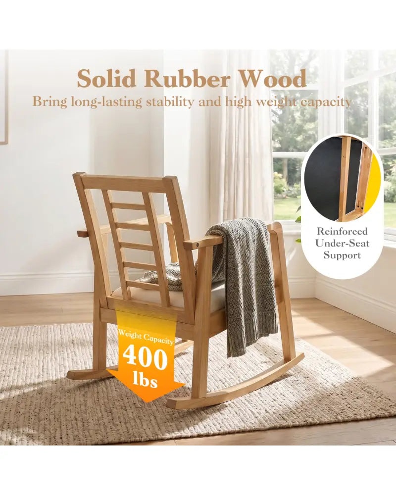 Wooden Rocking Chair with Upholstered Seat and Ladder Back for Living Room-Natural - Natural - Patio Rocking Chairs &