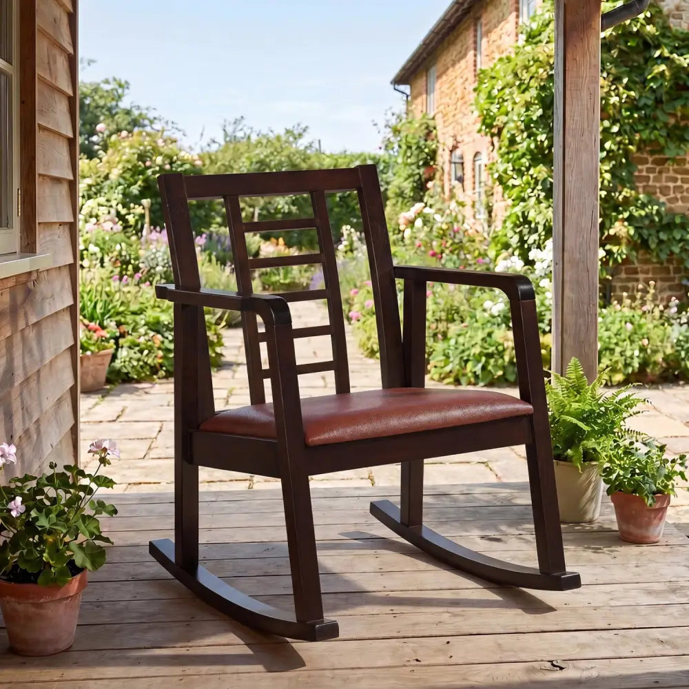 Wooden Rocking Chair with Upholstered Seat and Ladder Back for Living Room-Brown - Brown - Patio Rocking Chairs &