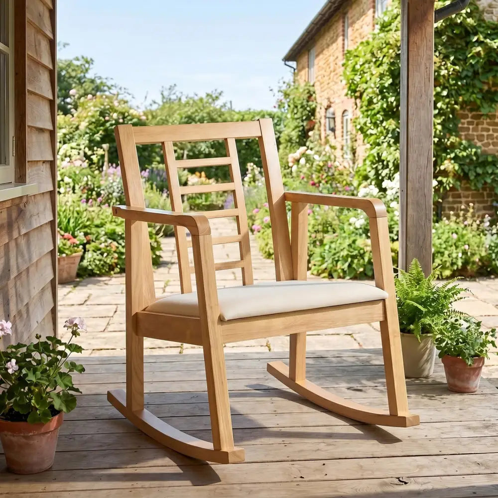 Wooden Rocking Chair with Upholstered Seat and Ladder Back for Living Room-Natural - Natural - Patio Rocking Chairs &