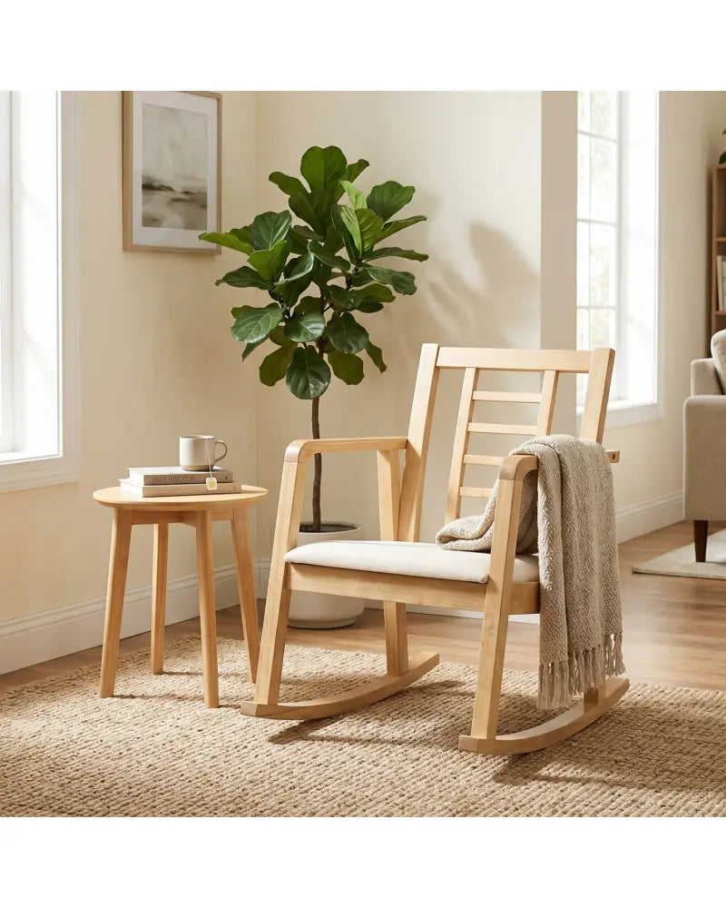 Wooden Rocking Chair with Upholstered Seat and Ladder Back for Living Room-Natural - Natural - Patio Rocking Chairs &