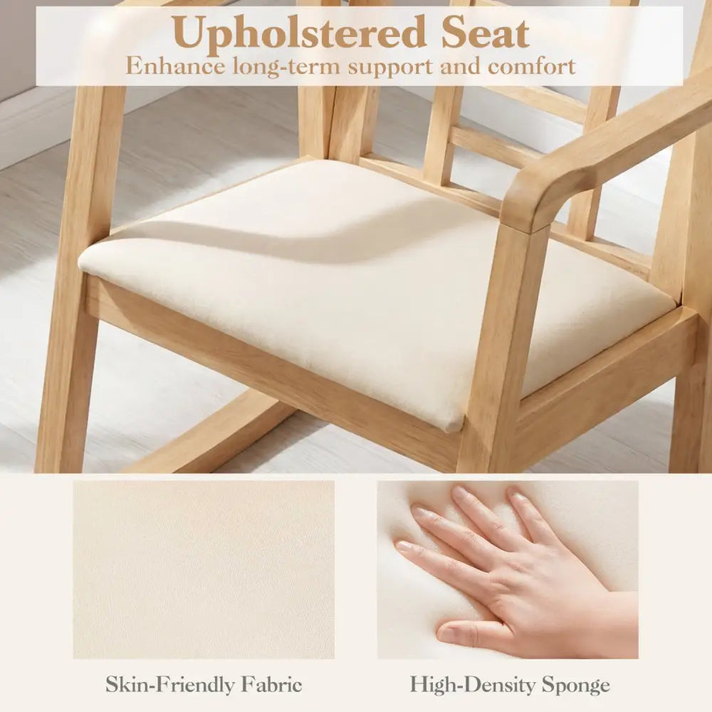 Wooden Rocking Chair with Upholstered Seat and Ladder Back for Living Room-Natural - Natural - Patio Rocking Chairs &