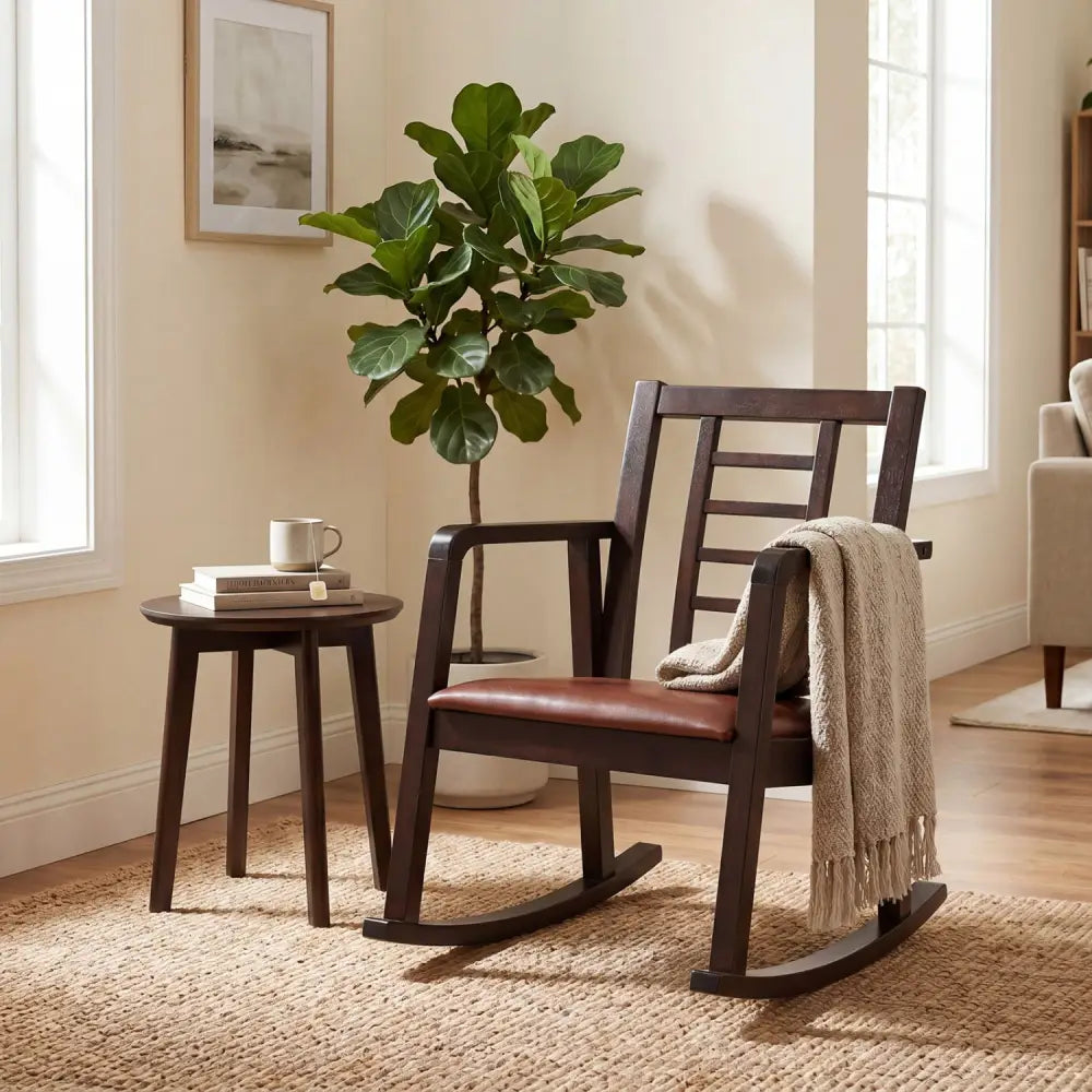 Wooden Rocking Chair with Upholstered Seat and Ladder Back for Living Room-Brown - Brown - Patio Rocking Chairs &