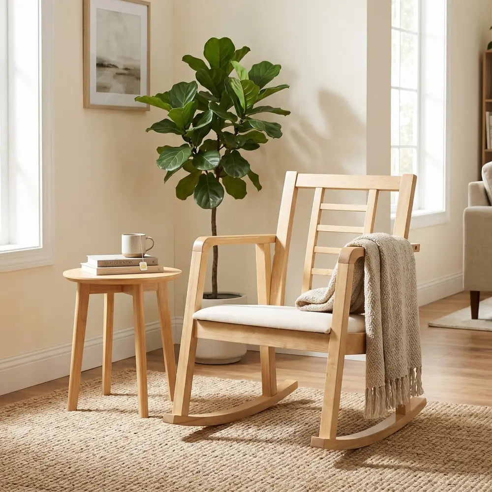 Wooden Rocking Chair with Upholstered Seat and Ladder Back for Living Room-Natural - Natural - Patio Rocking Chairs &