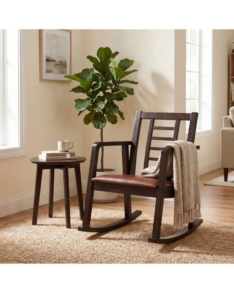 Wooden Rocking Chair with Upholstered Seat and Ladder Back for Living Room-Brown - Brown - Patio Rocking Chairs &