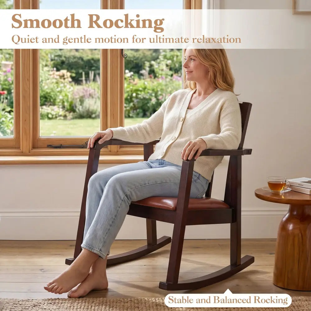 Wooden Rocking Chair with Upholstered Seat and Ladder Back for Living Room-Brown - Brown - Patio Rocking Chairs &