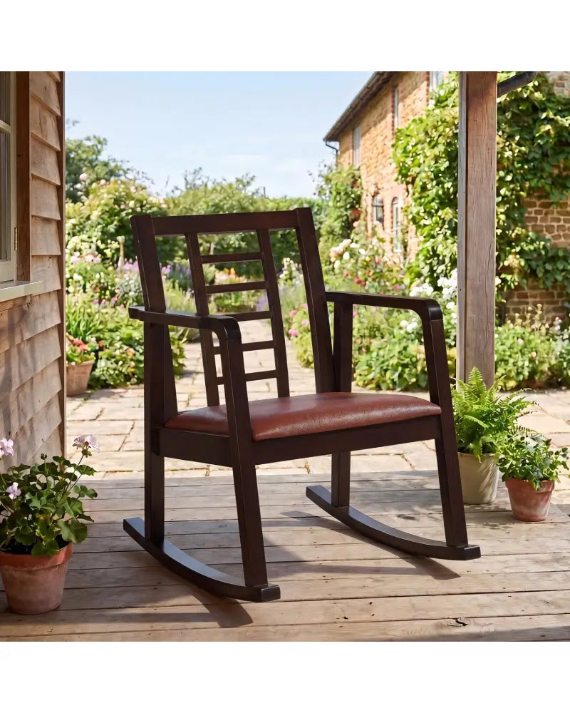 Wooden Rocking Chair with Upholstered Seat and Ladder Back for Living Room-Brown - Brown - Patio Rocking Chairs &