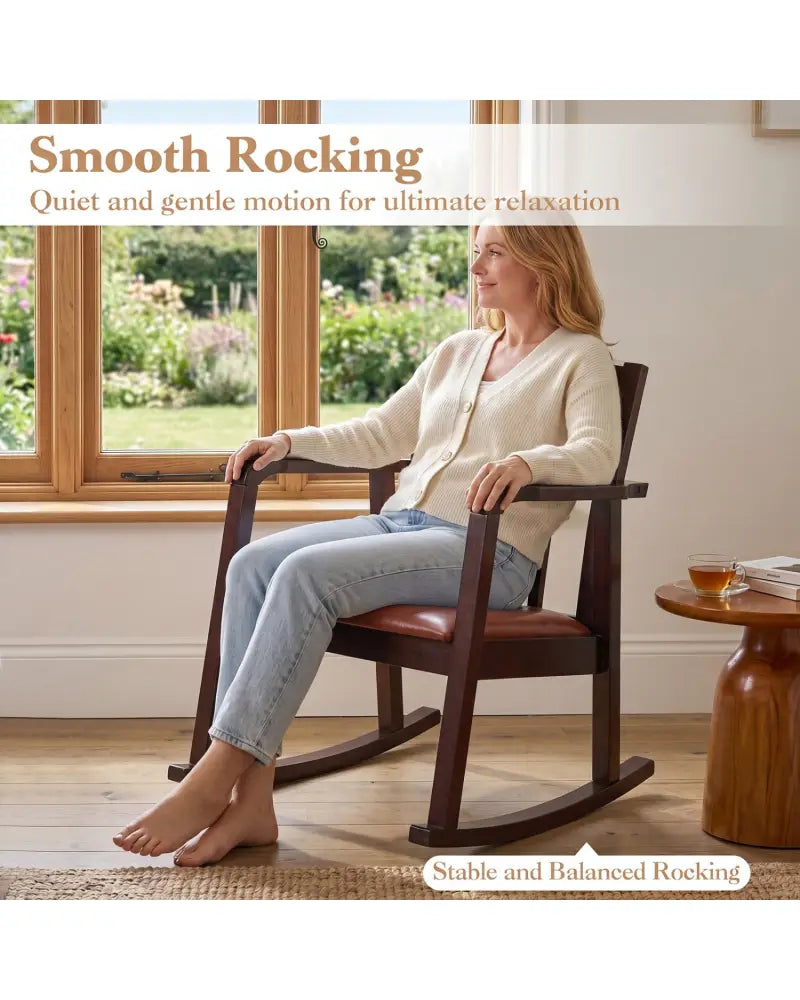 Wooden Rocking Chair with Upholstered Seat and Ladder Back for Living Room-Brown - Brown - Patio Rocking Chairs &