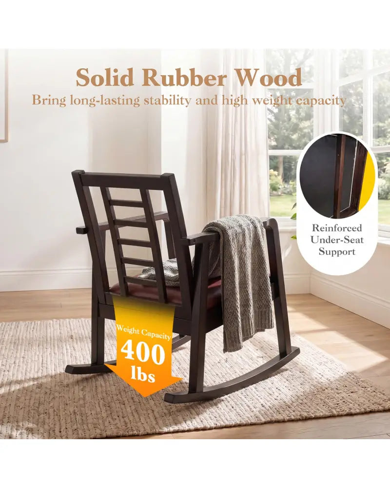 Wooden Rocking Chair with Upholstered Seat and Ladder Back for Living Room-Brown - Brown - Patio Rocking Chairs &