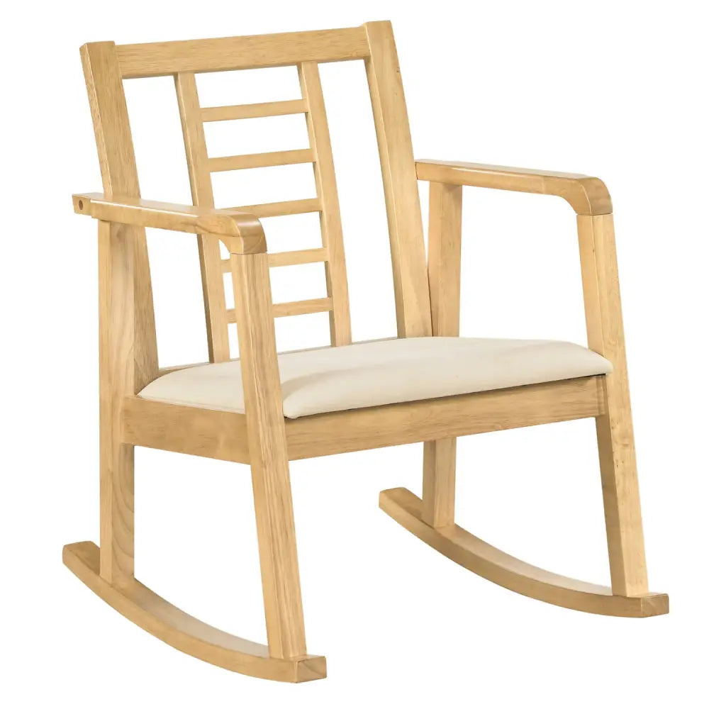 Wooden Rocking Chair with Upholstered Seat and Ladder Back for Living Room-Natural - Natural - Patio Rocking Chairs &