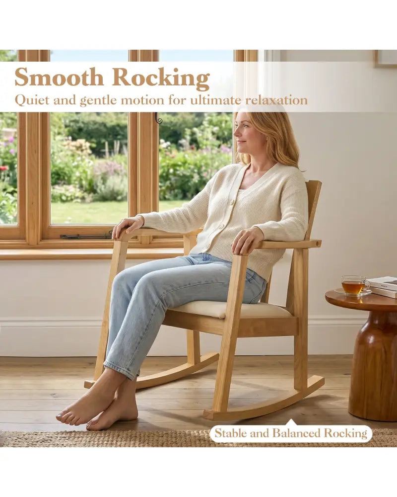 Wooden Rocking Chair with Upholstered Seat and Ladder Back for Living Room-Natural - Natural - Patio Rocking Chairs &