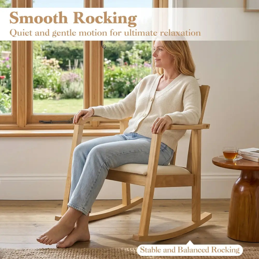 Wooden Rocking Chair with Upholstered Seat and Ladder Back for Living Room-Natural - Natural - Patio Rocking Chairs &