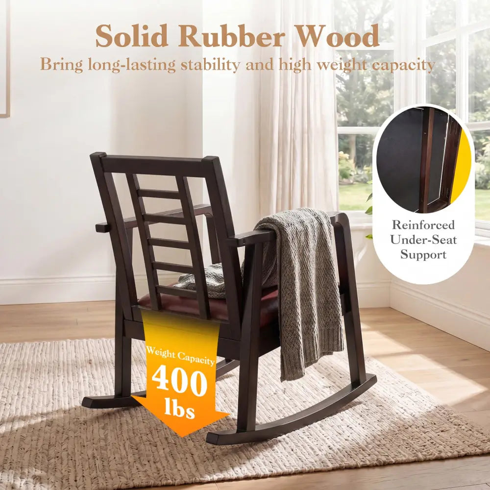 Wooden Rocking Chair with Upholstered Seat and Ladder Back for Living Room-Brown - Brown - Patio Rocking Chairs &