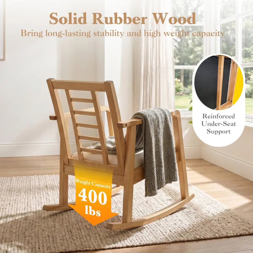 Wooden Rocking Chair with Upholstered Seat and Ladder Back for Living Room-Natural - Natural - Patio Rocking Chairs &