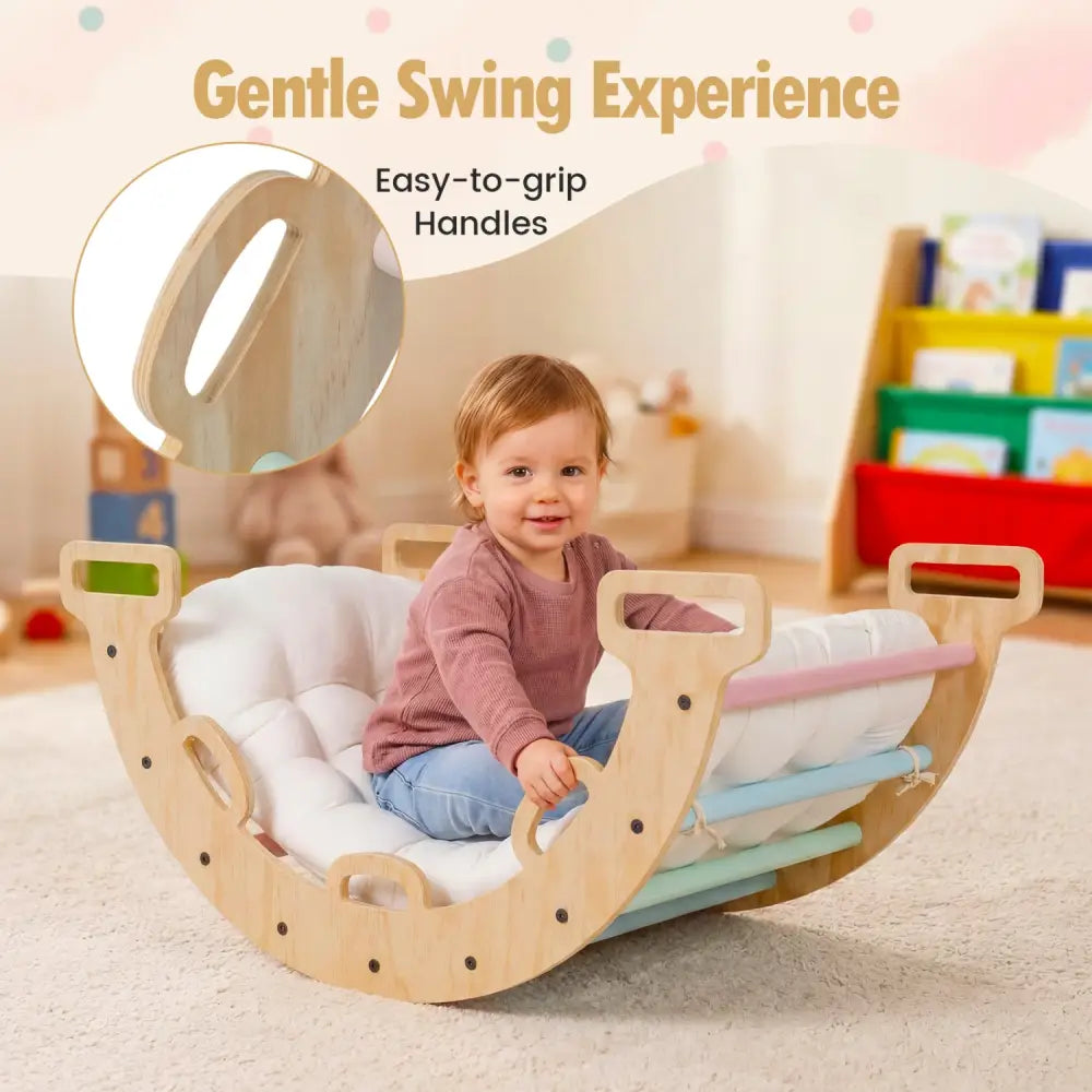 Wooden Rocking Climbing Arch with Cushion 3-in-1 Montessori Kids Climber Rocker-Macaron - Macaron - Climbers & Slides