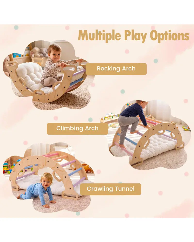 Wooden Rocking Climbing Arch with Cushion 3-in-1 Montessori Kids Climber Rocker-Multicolor - Multicolor - Climbers &