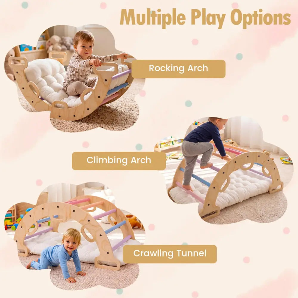 Wooden Rocking Climbing Arch with Cushion 3-in-1 Montessori Kids Climber Rocker-Multicolor - Multicolor - Climbers &