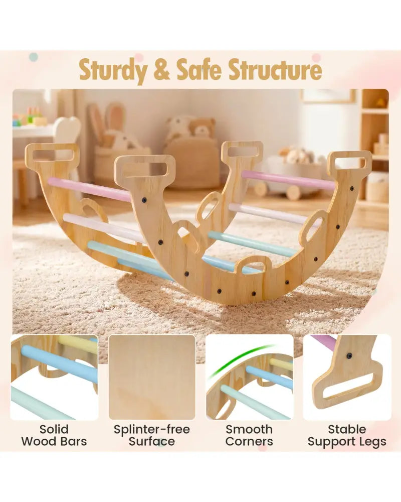 Wooden Rocking Climbing Arch with Cushion 3-in-1 Montessori Kids Climber Rocker-Macaron - Macaron - Climbers & Slides
