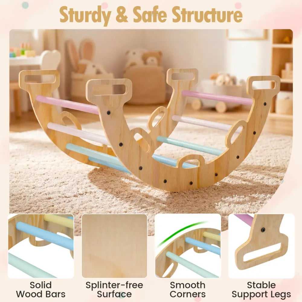 Wooden Rocking Climbing Arch with Cushion 3-in-1 Montessori Kids Climber Rocker-Macaron - Macaron - Climbers & Slides