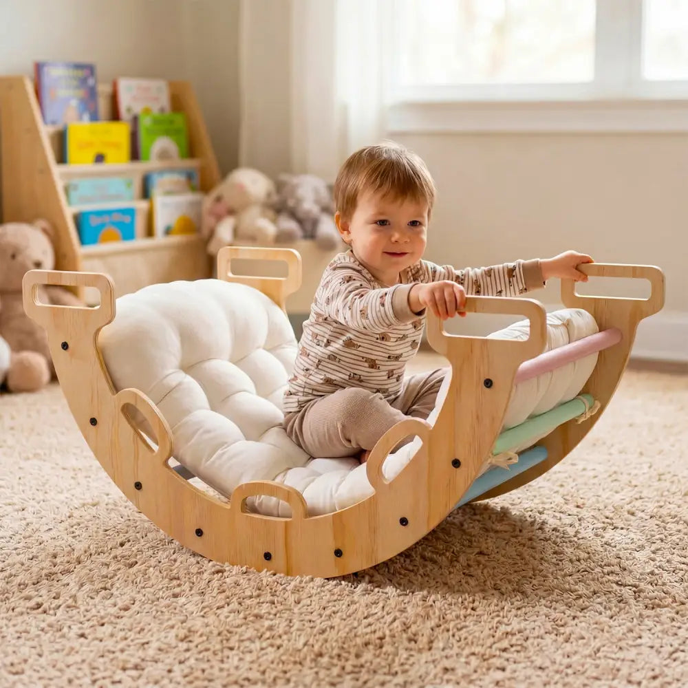 Wooden Rocking Climbing Arch with Cushion 3-in-1 Montessori Kids Climber Rocker-Macaron - Macaron - Climbers & Slides