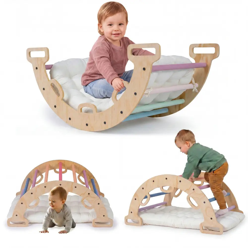 Wooden Rocking Climbing Arch with Cushion 3-in-1 Montessori Kids Climber Rocker-Macaron - Macaron - Climbers & Slides