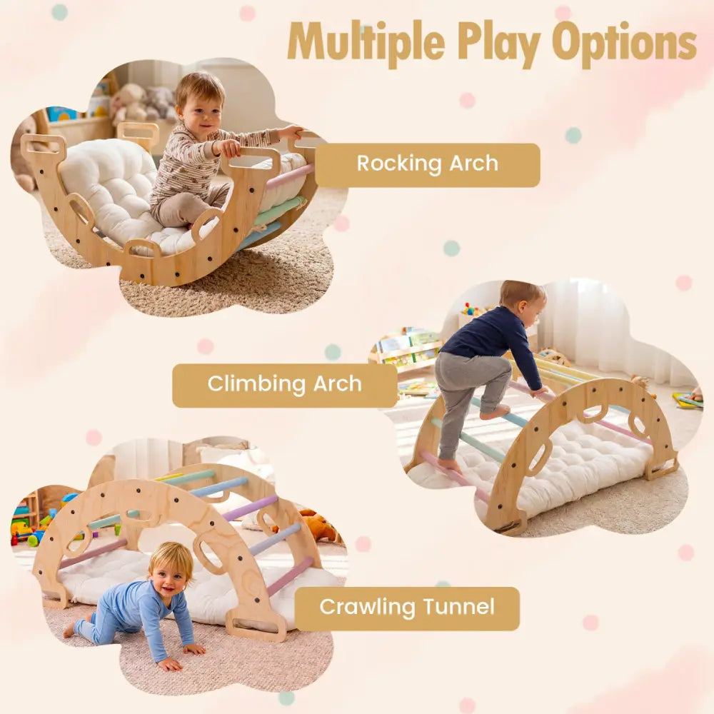 Wooden Rocking Climbing Arch with Cushion 3-in-1 Montessori Kids Climber Rocker-Macaron - Macaron - Climbers & Slides