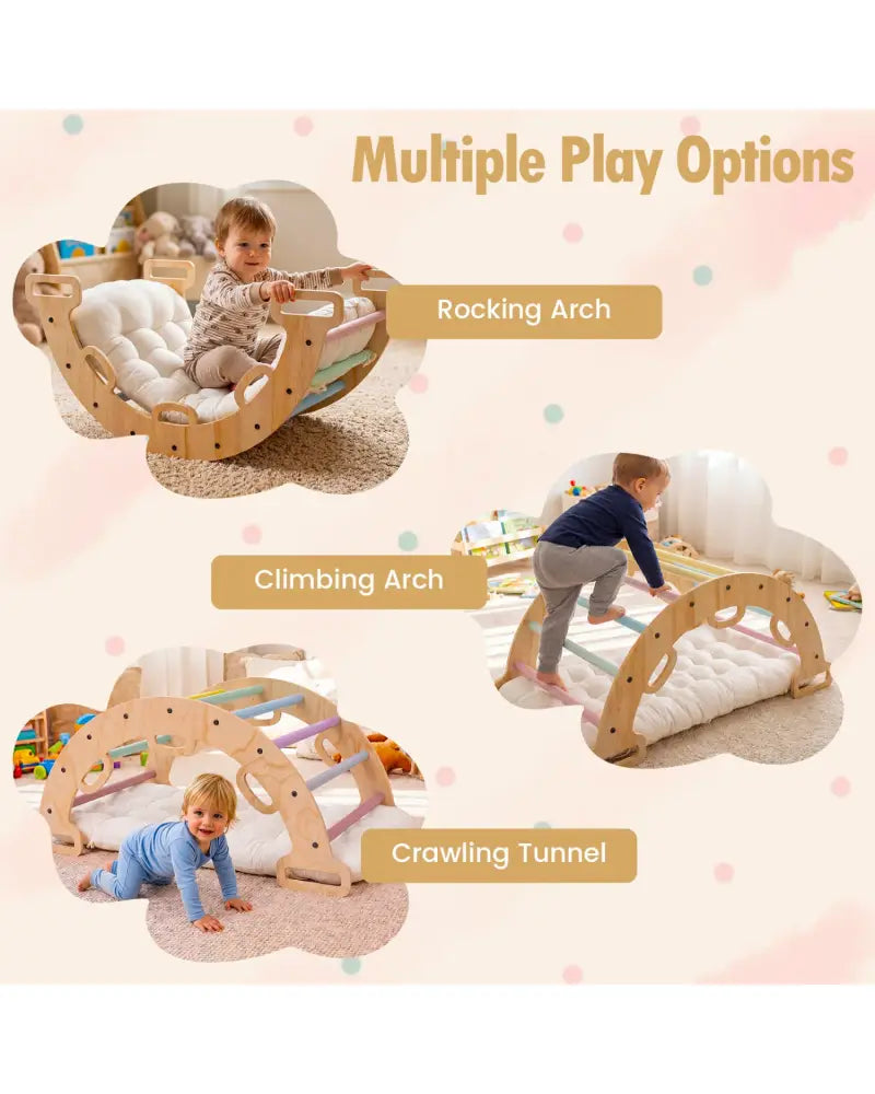 Wooden Rocking Climbing Arch with Cushion 3-in-1 Montessori Kids Climber Rocker-Macaron - Macaron - Climbers & Slides