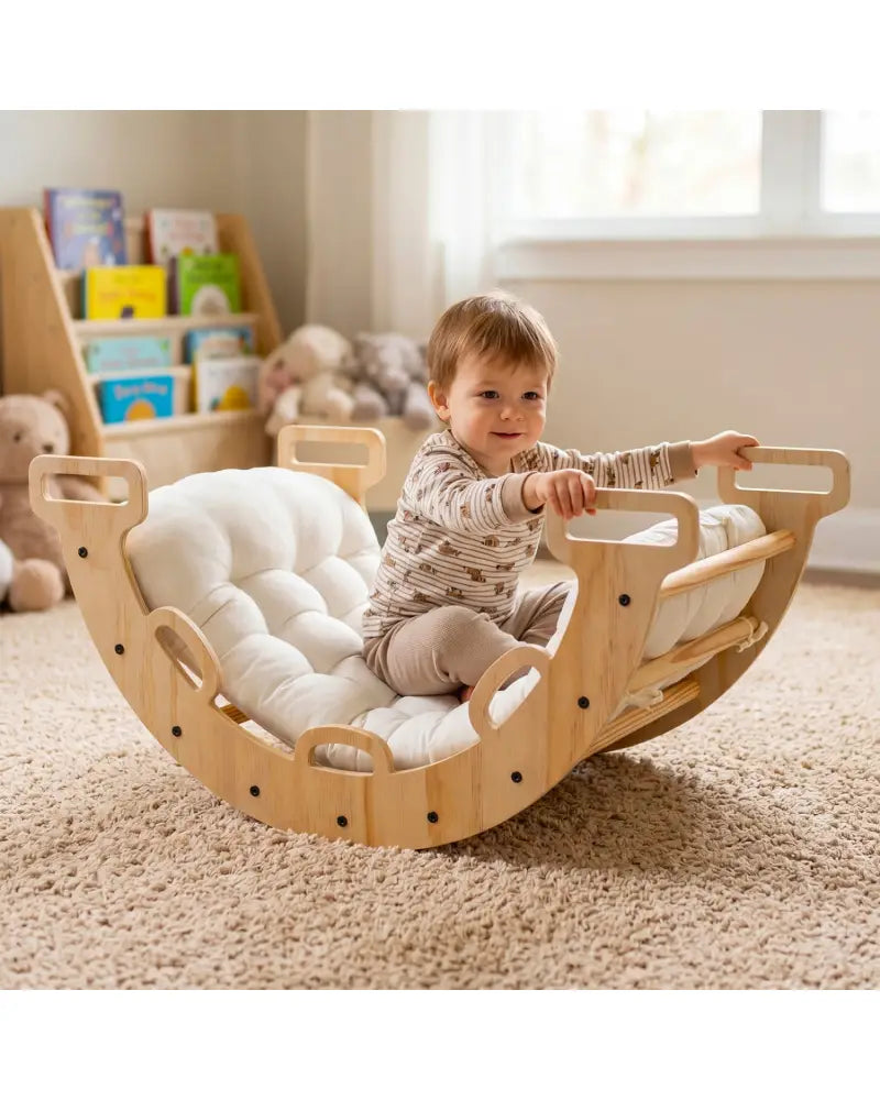 Wooden Rocking Climbing Arch with Cushion Montessori Kids Climber Rocker - Natural - Climbers & Slides