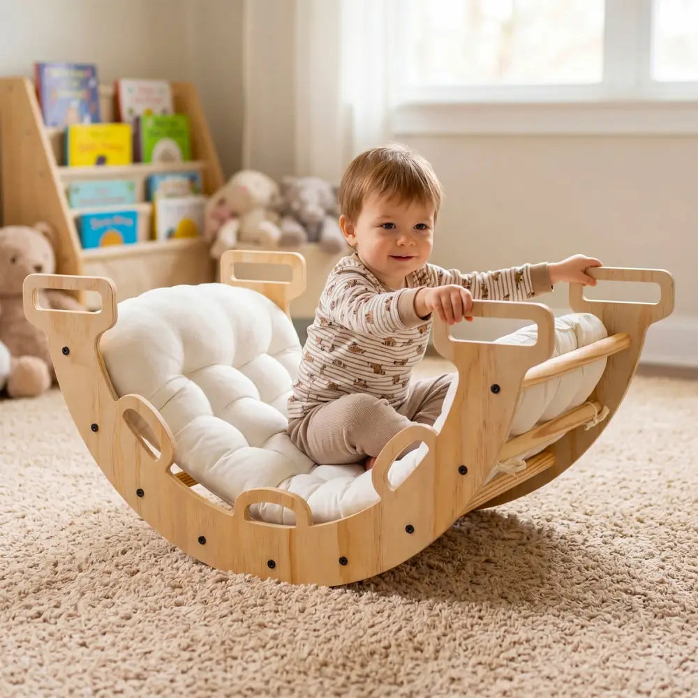 Wooden Rocking Climbing Arch with Cushion Montessori Kids Climber Rocker - Natural - Climbers & Slides