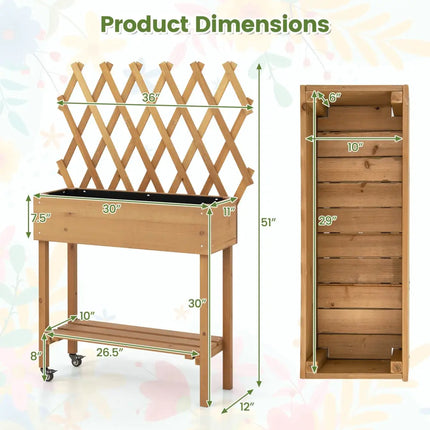 Wooden Rolling Raised Garden Bed with Trellis and Storage Shelf - Natural - Raised Garden Beds