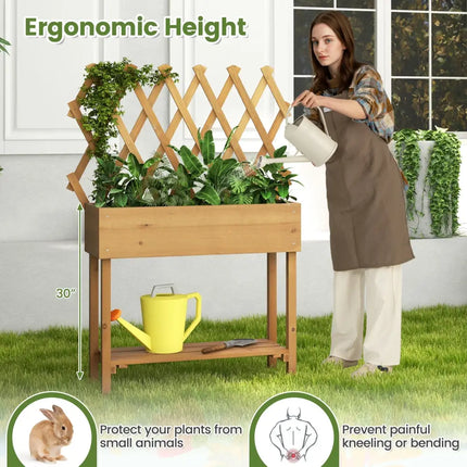 Wooden Rolling Raised Garden Bed with Trellis and Storage Shelf - Natural - Raised Garden Beds