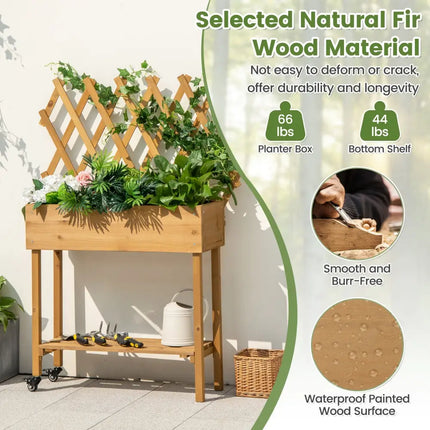 Wooden Rolling Raised Garden Bed with Trellis and Storage Shelf - Natural - Raised Garden Beds