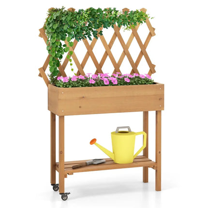 Wooden Rolling Raised Garden Bed with Trellis and Storage Shelf - Natural - Raised Garden Beds