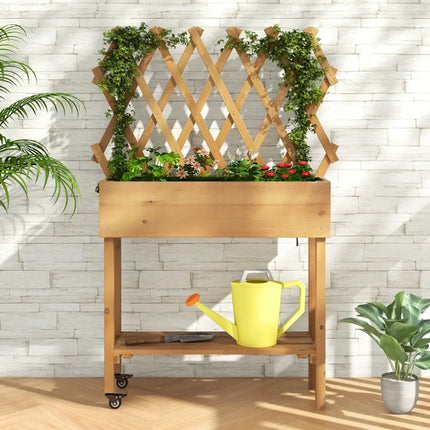 Wooden Rolling Raised Garden Bed with Trellis and Storage Shelf - Natural - Raised Garden Beds