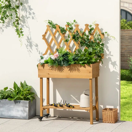 Wooden Rolling Raised Garden Bed with Trellis and Storage Shelf - Natural - Raised Garden Beds