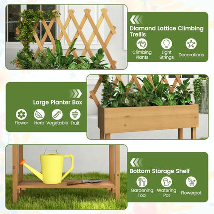 Wooden Rolling Raised Garden Bed with Trellis and Storage Shelf - Natural - Raised Garden Beds