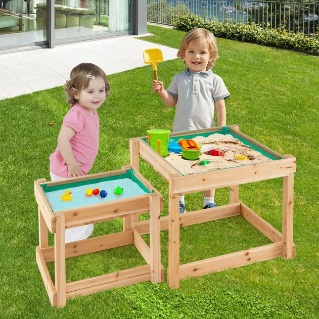 Wooden Sand and Water Tables with Protective Cover for Kids-Natural - Natural - Sandboxes