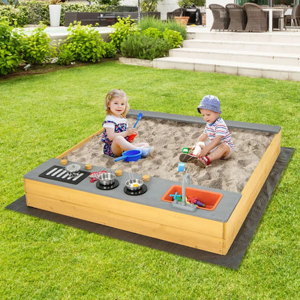 Wooden Sandbox Kids Sand Pit with Kitchen Playset Accessories for 3-8 Years Old - Natural - Sandboxes