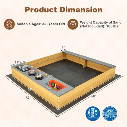 Wooden Sandbox Kids Sand Pit with Kitchen Playset Accessories for 3-8 Years Old - Natural - Sandboxes