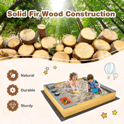 Wooden Sandbox Kids Sand Pit with Kitchen Playset Accessories for 3-8 Years Old - Natural - Sandboxes