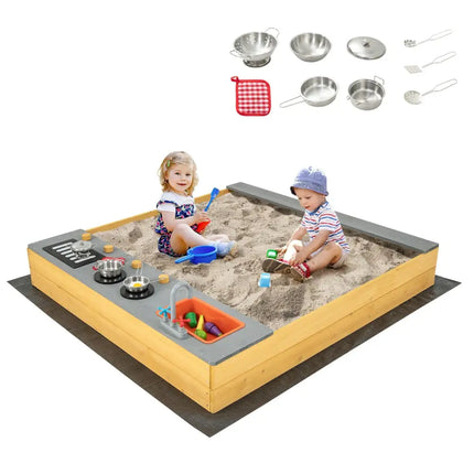 Wooden Sandbox Kids Sand Pit with Kitchen Playset Accessories for 3-8 Years Old - Natural - Sandboxes