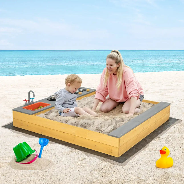 Wooden Sandbox Kids Sand Pit with Kitchen Playset Accessories for 3-8 Years Old - Natural - Sandboxes