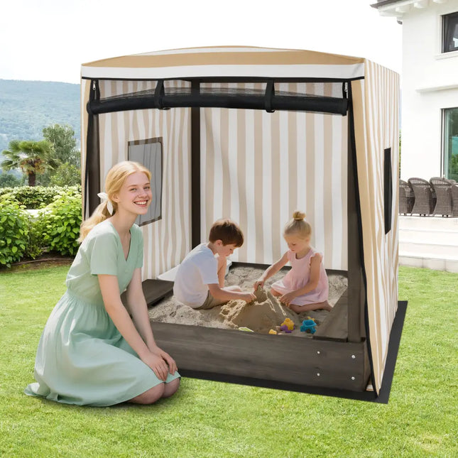 Wooden Sandbox with Canopy for Children 3+ Years Old-Brown - Brown - Sandboxes