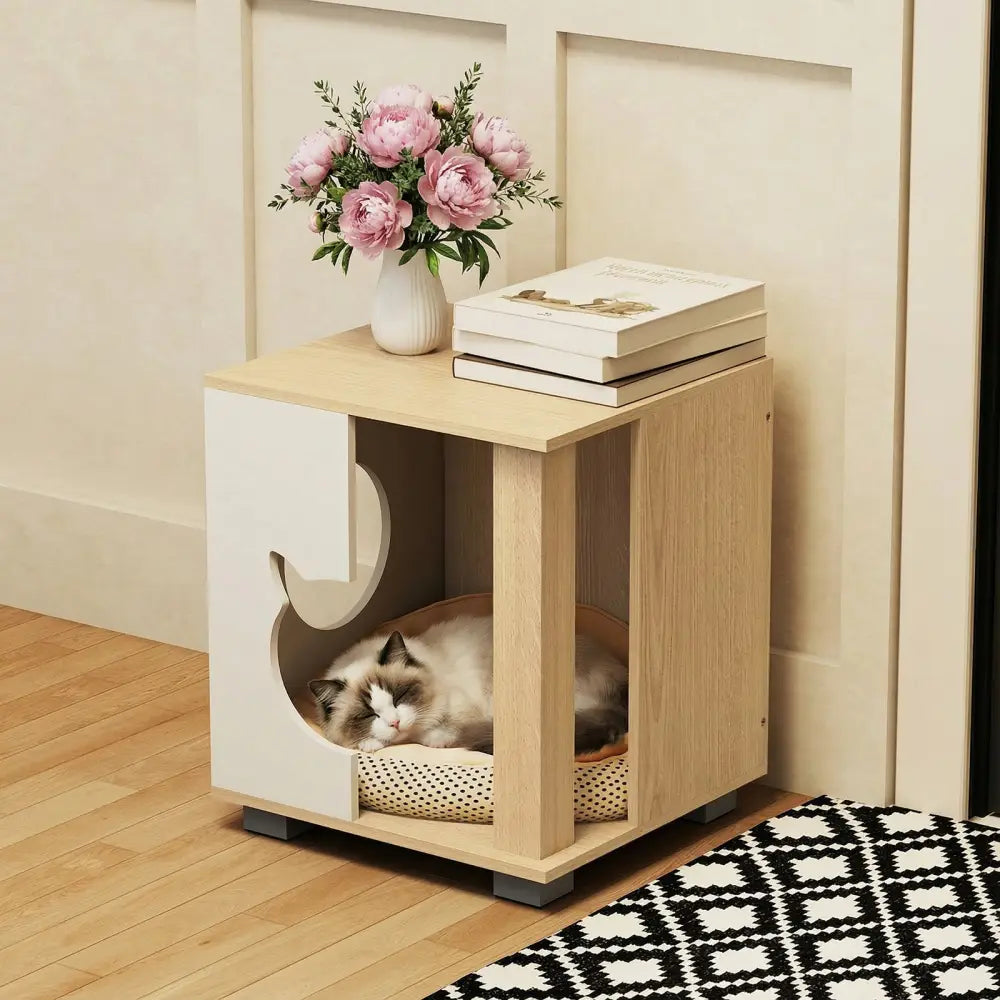Wooden Semi-enclosed Cat Condo with Kitty Head-shaped Entry and Metal Legs-Natural - Natural - Cat Trees Condos &