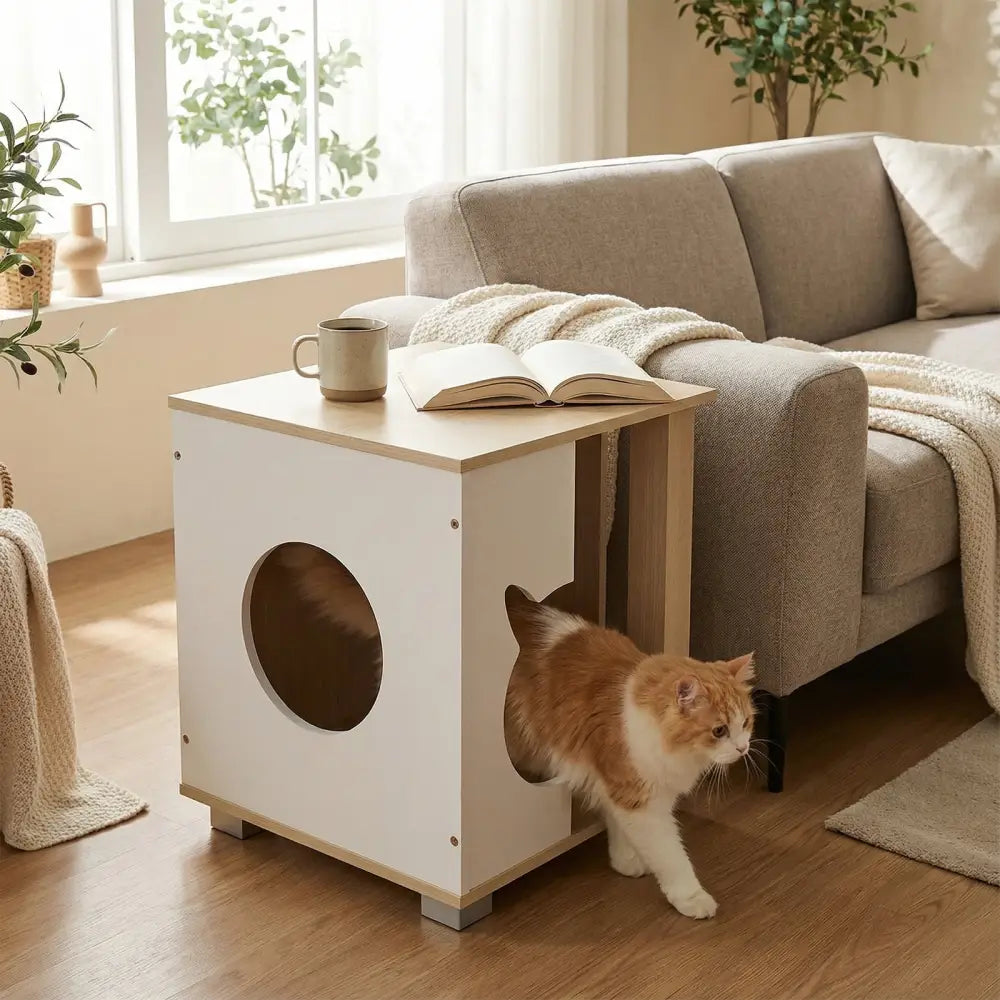 Wooden Semi-enclosed Cat Condo with Kitty Head-shaped Entry and Metal Legs-Natural - Natural - Cat Trees Condos &